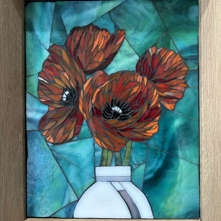 ‘POPPIES’ Stained Glass Mosaic Poppies in White Vase