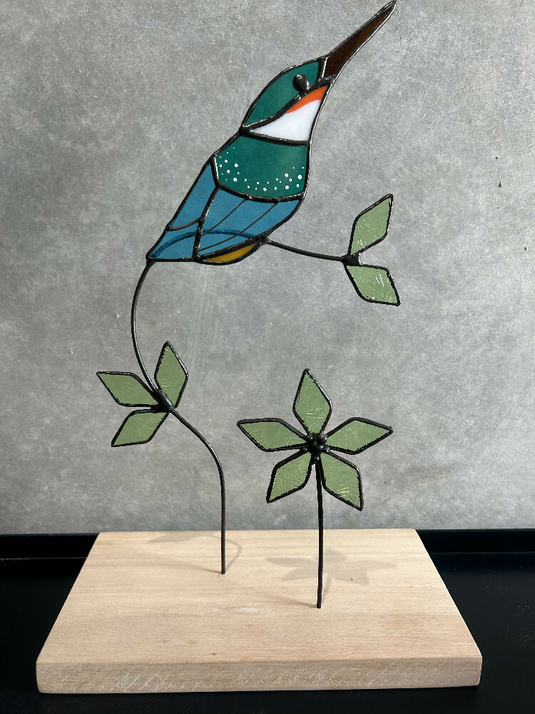 Stained Glass Kingfisher on Wooden Block