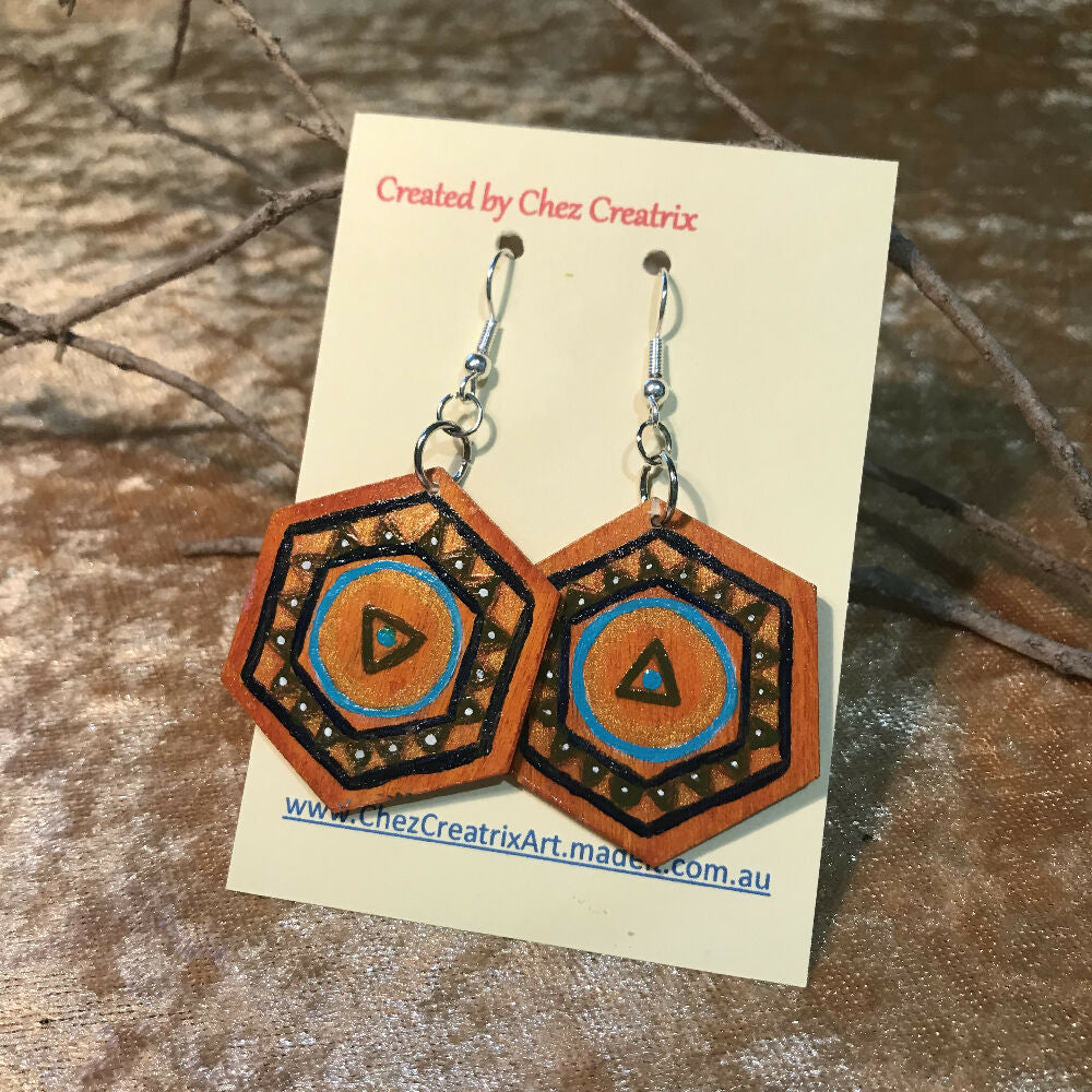 Earrings - Hand Painted Wood Hexagon Mandala