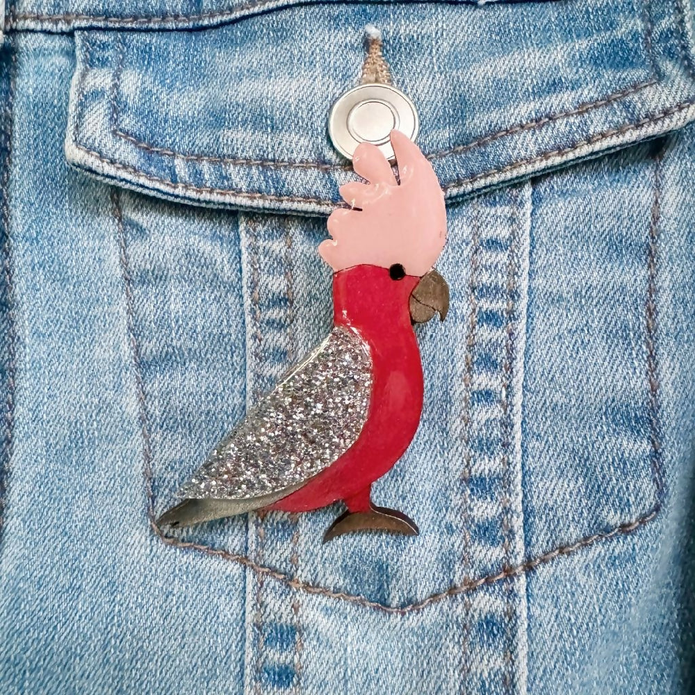 Australian-handmade-galah-brooch-wood-glitter-resin-on-jacket-light