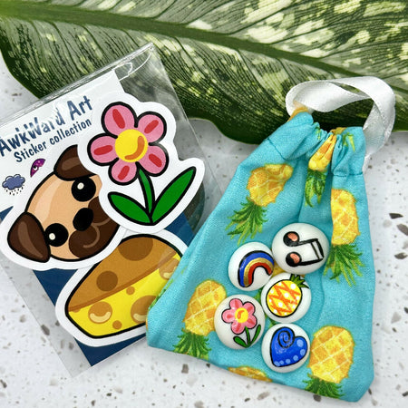 Hand painted Happiness pebble set - flower rainbow heart