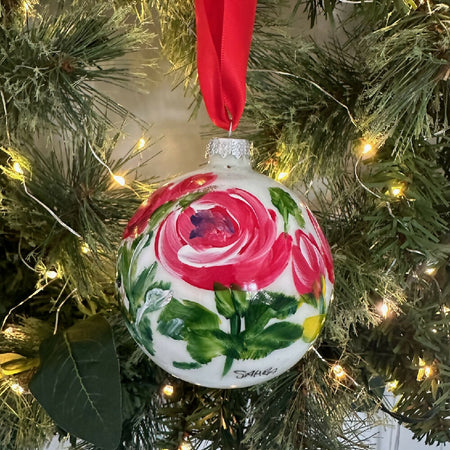 Blown Glass Christmas Bauble Ornament, Hand Painted Roses, Unique Gift