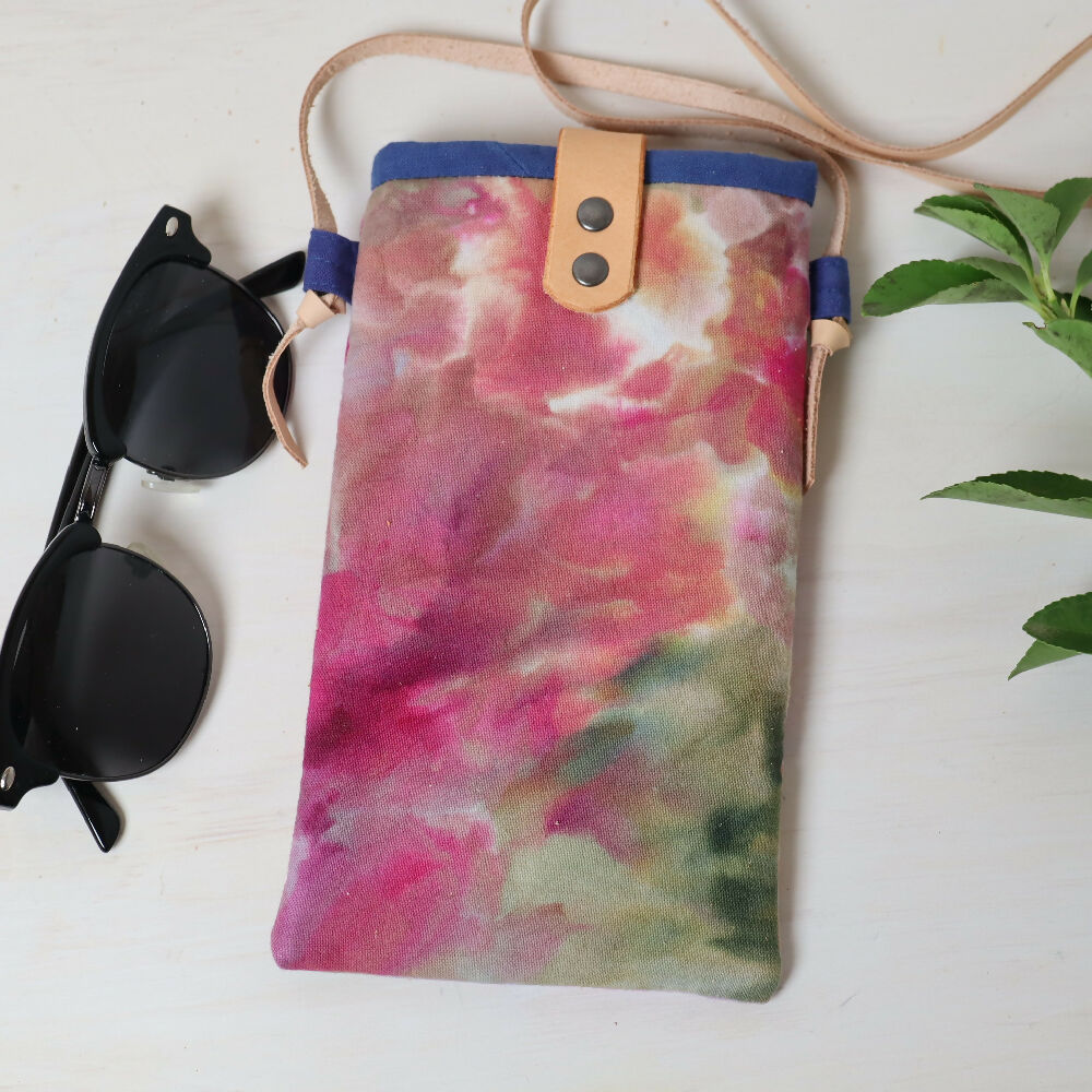 Ice Dyed Phone Carrier. Glasses Case. Pink and Soft Green