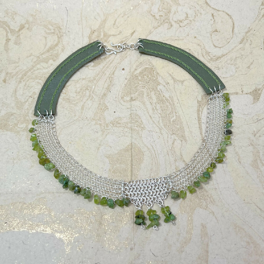 Knitted fine silver with peridot and leather necklace