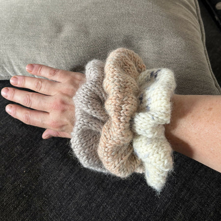 Hand knitted wool scrunchie