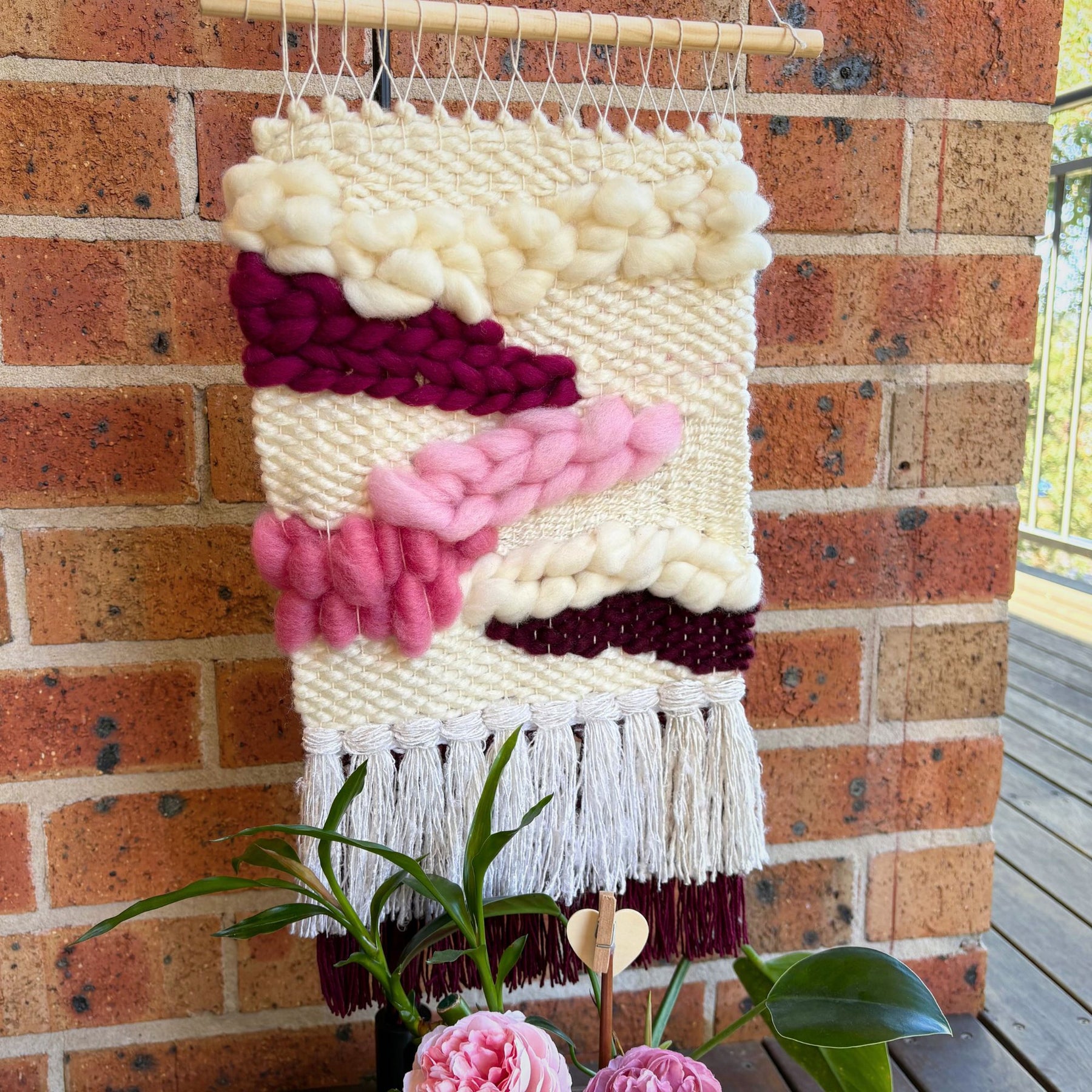 Textured handwoven wall hanging - cream and pinks