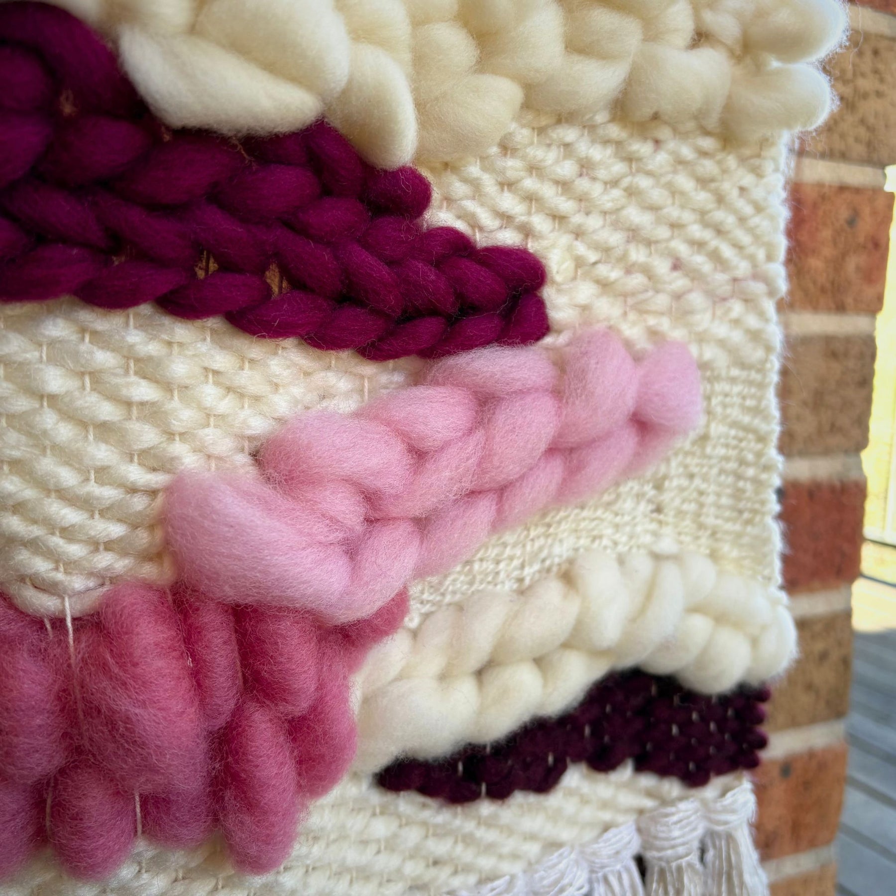 Textured handwoven wall hanging - cream and pinks