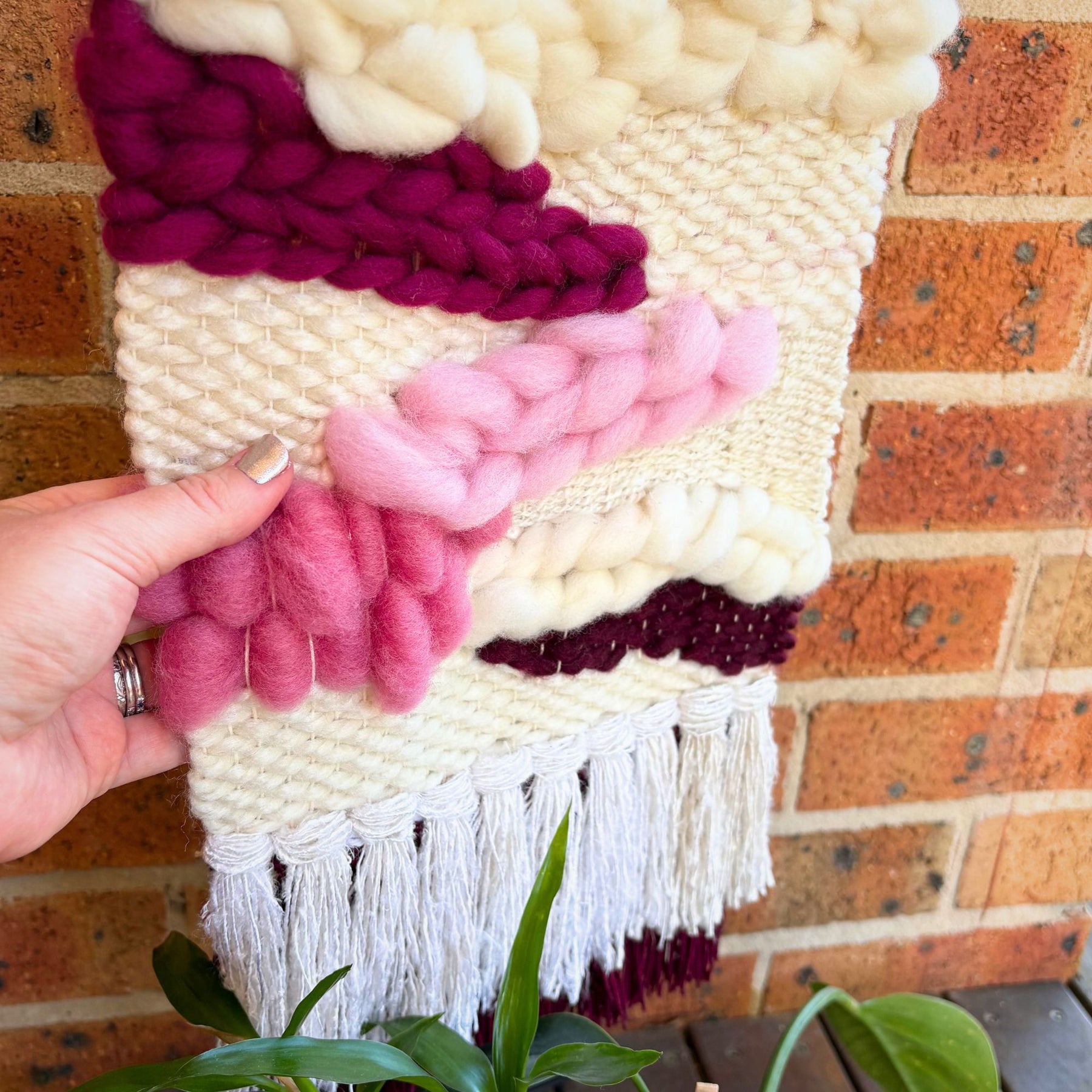 Textured handwoven wall hanging - cream and pinks