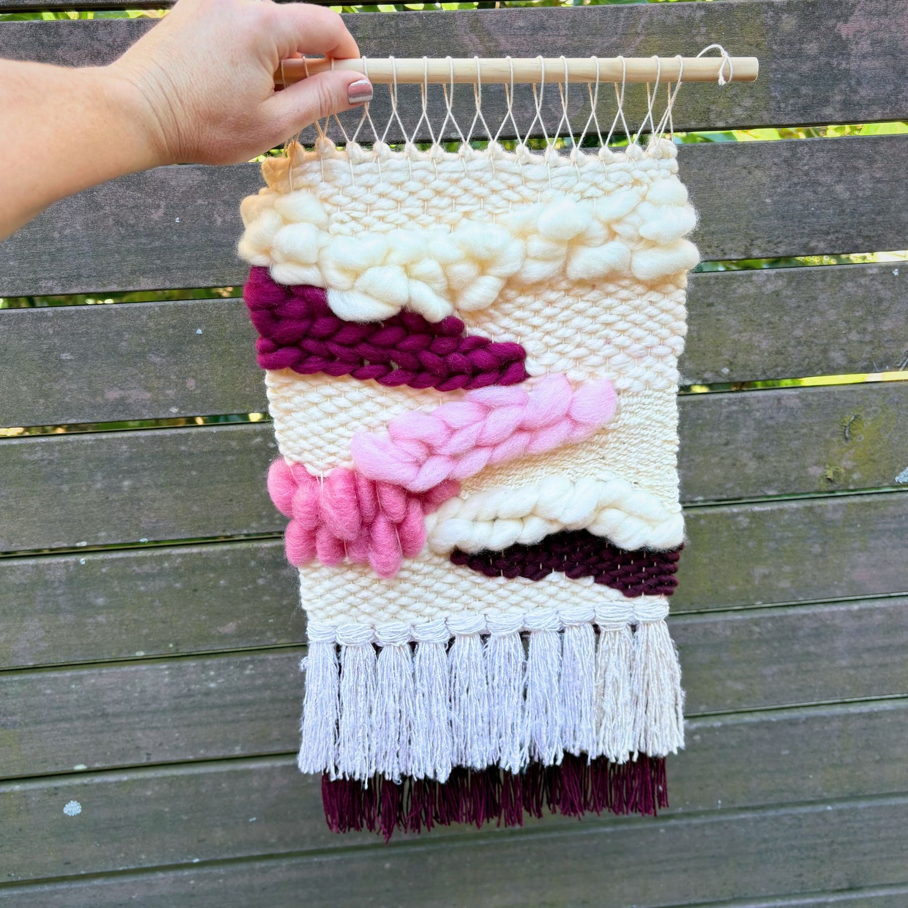 Textured handwoven wall hanging - cream and pinks