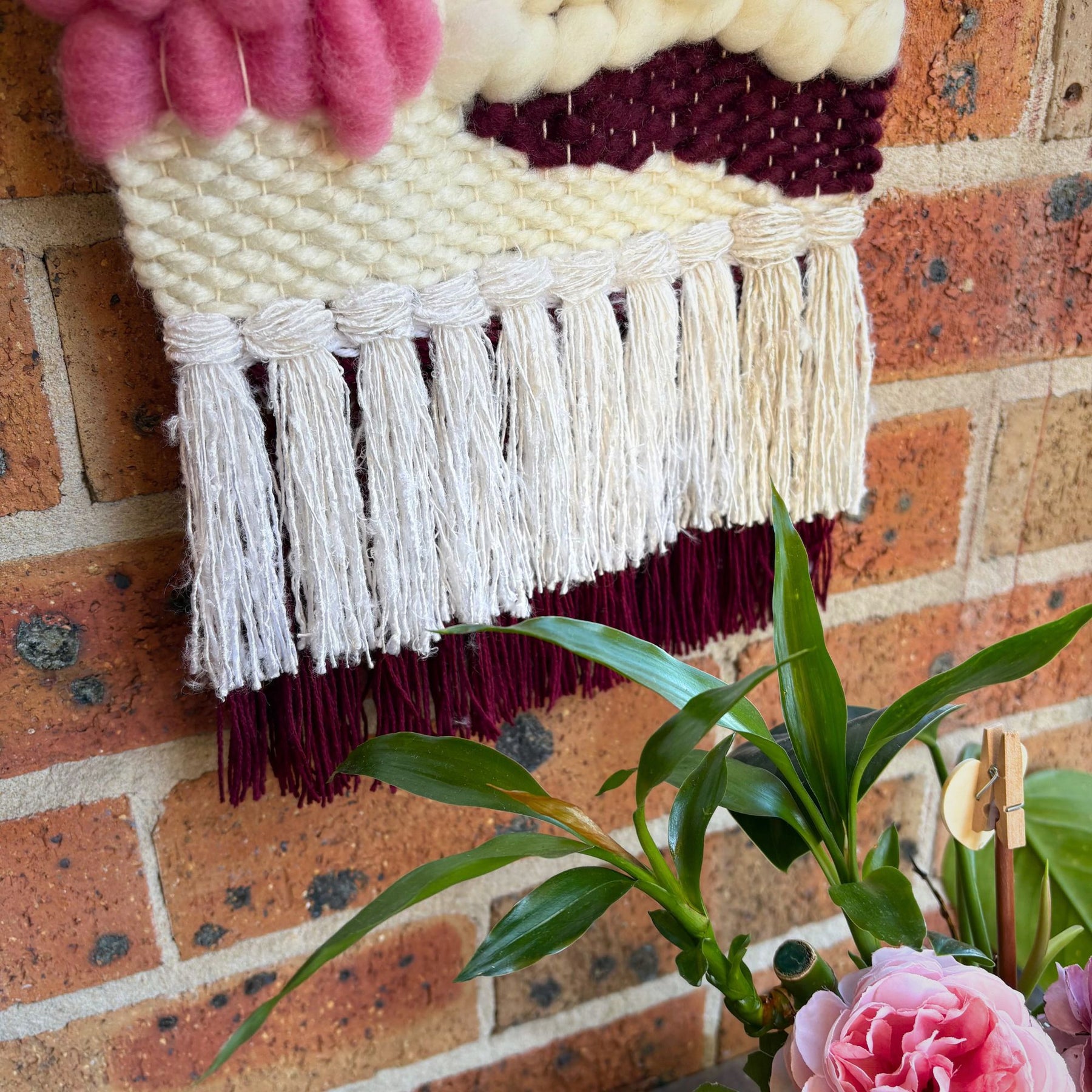 Textured handwoven wall hanging - cream and pinks