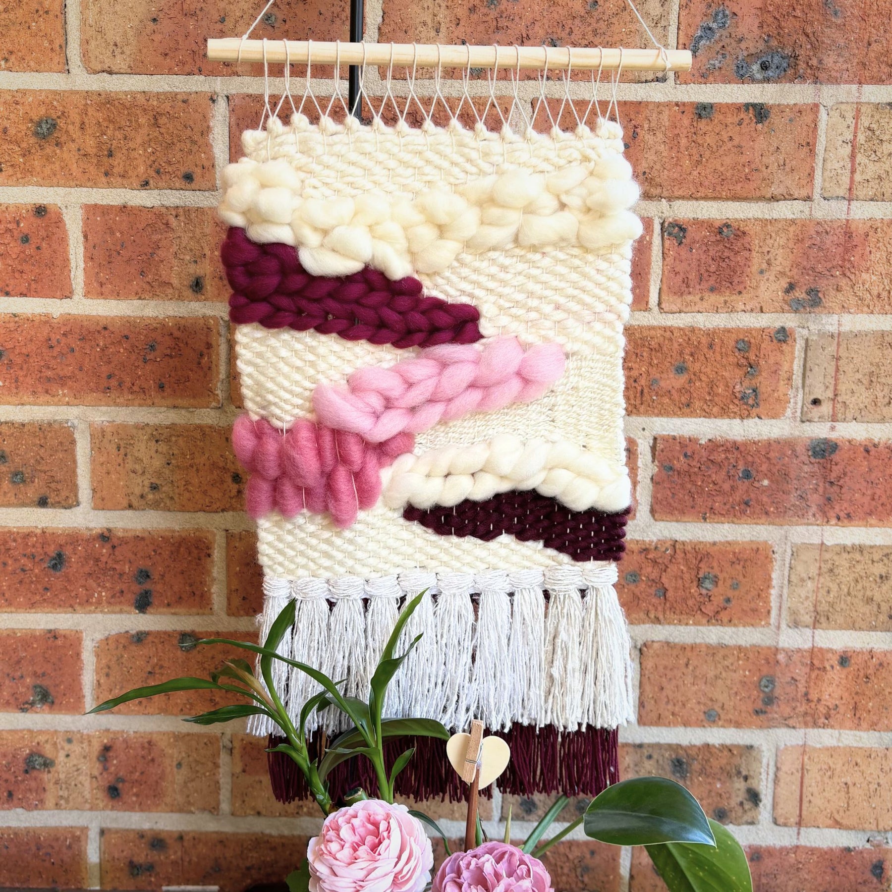 Textured handwoven wall hanging - cream and pinks