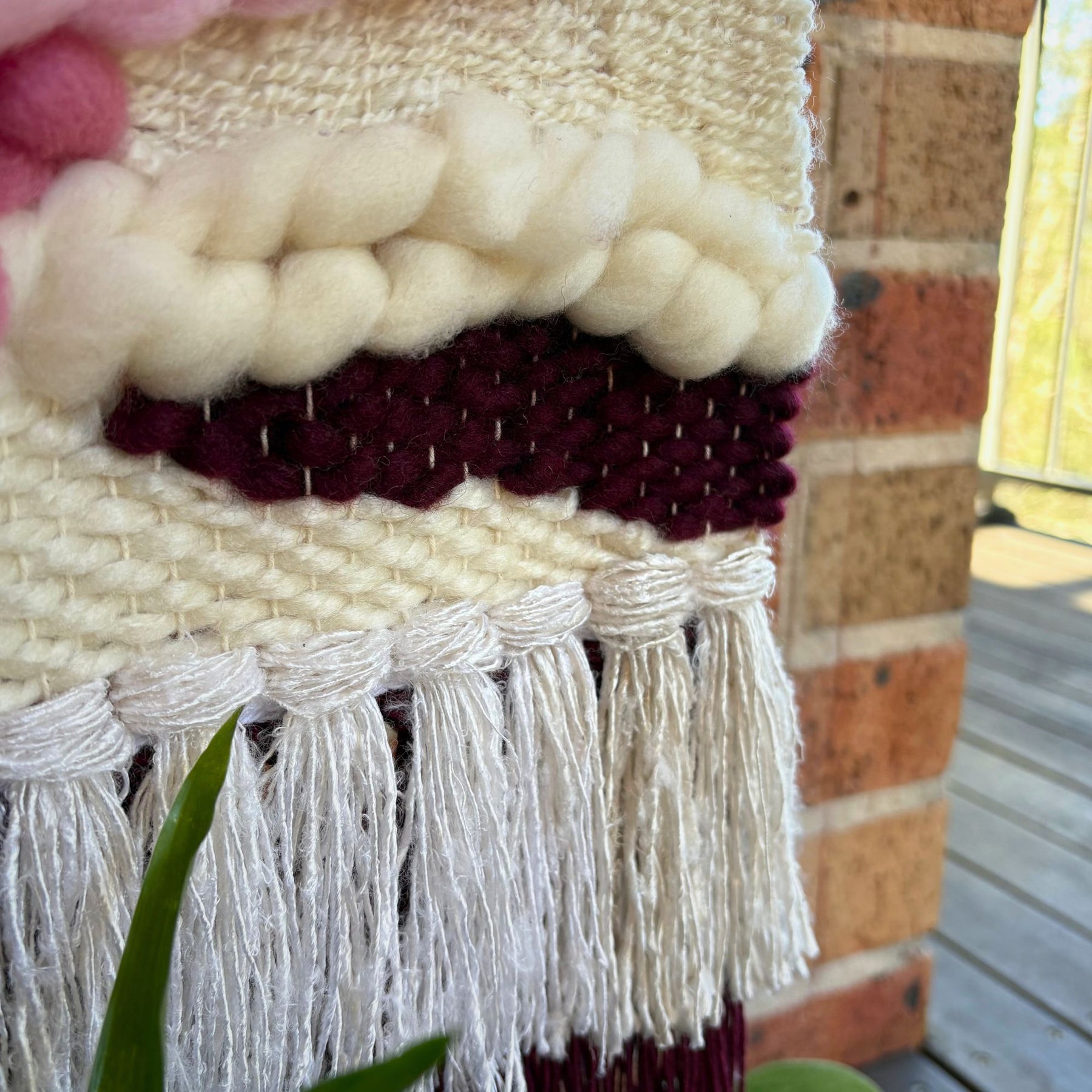 Textured handwoven wall hanging - cream and pinks