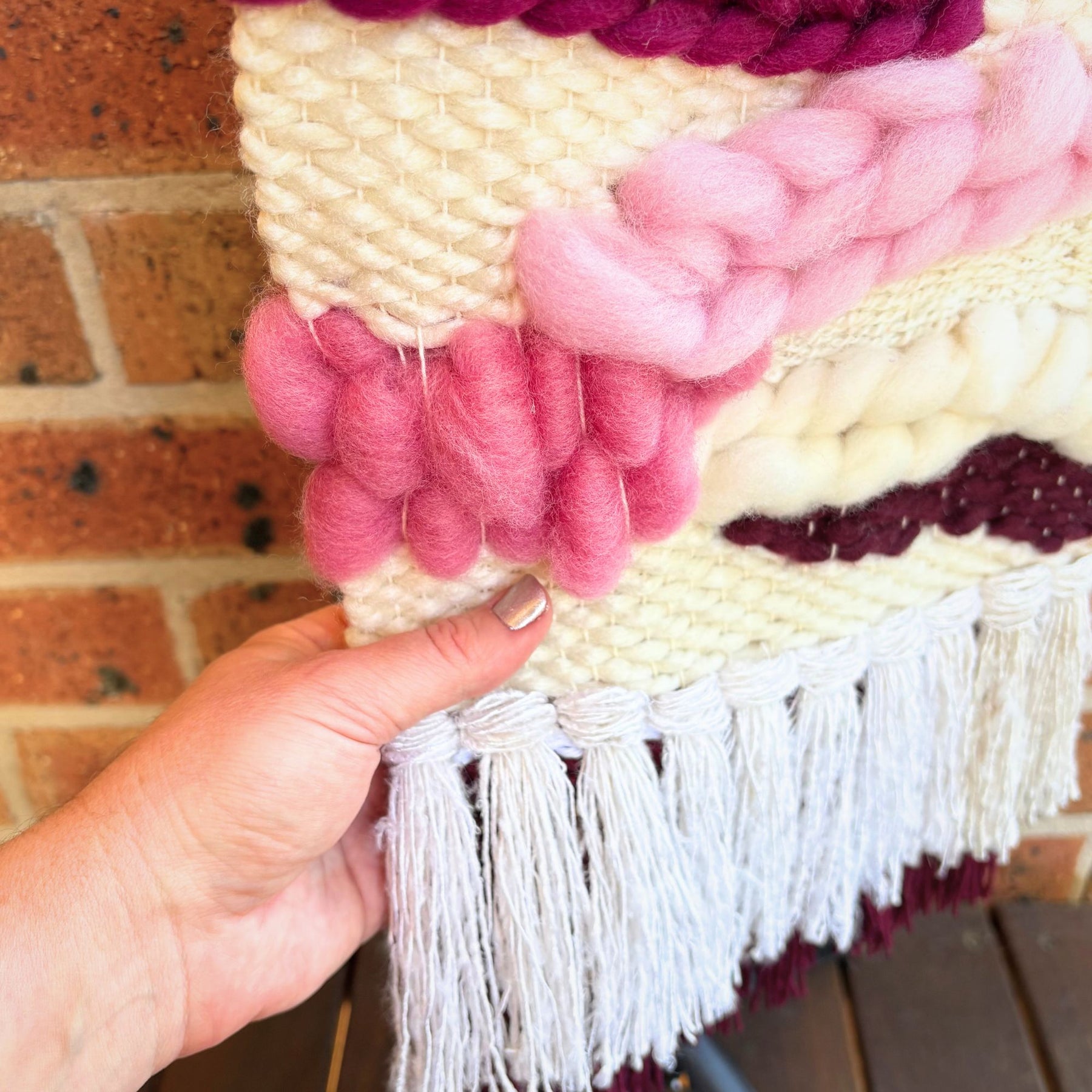 Textured handwoven wall hanging - cream and pinks