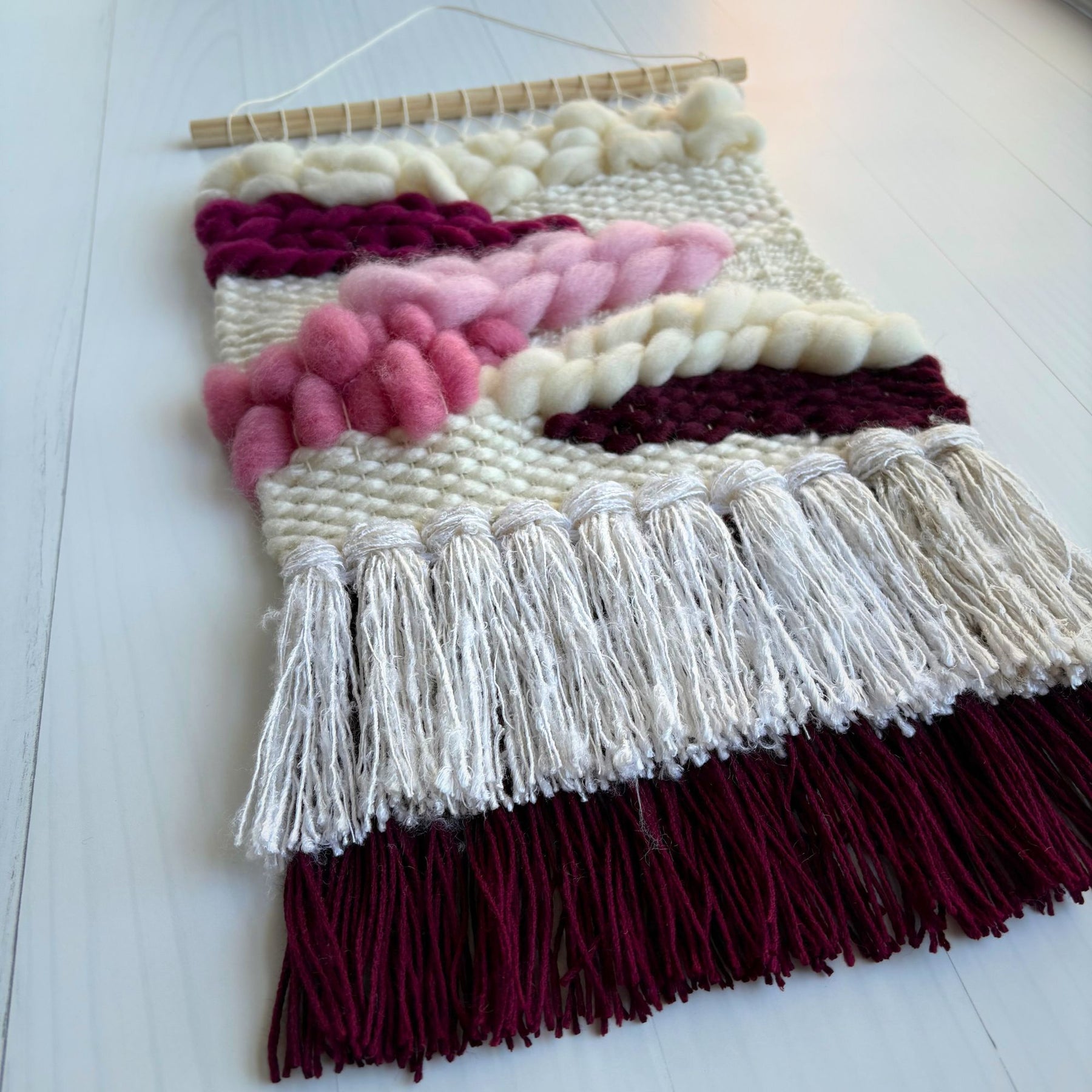 Textured handwoven wall hanging - cream and pinks