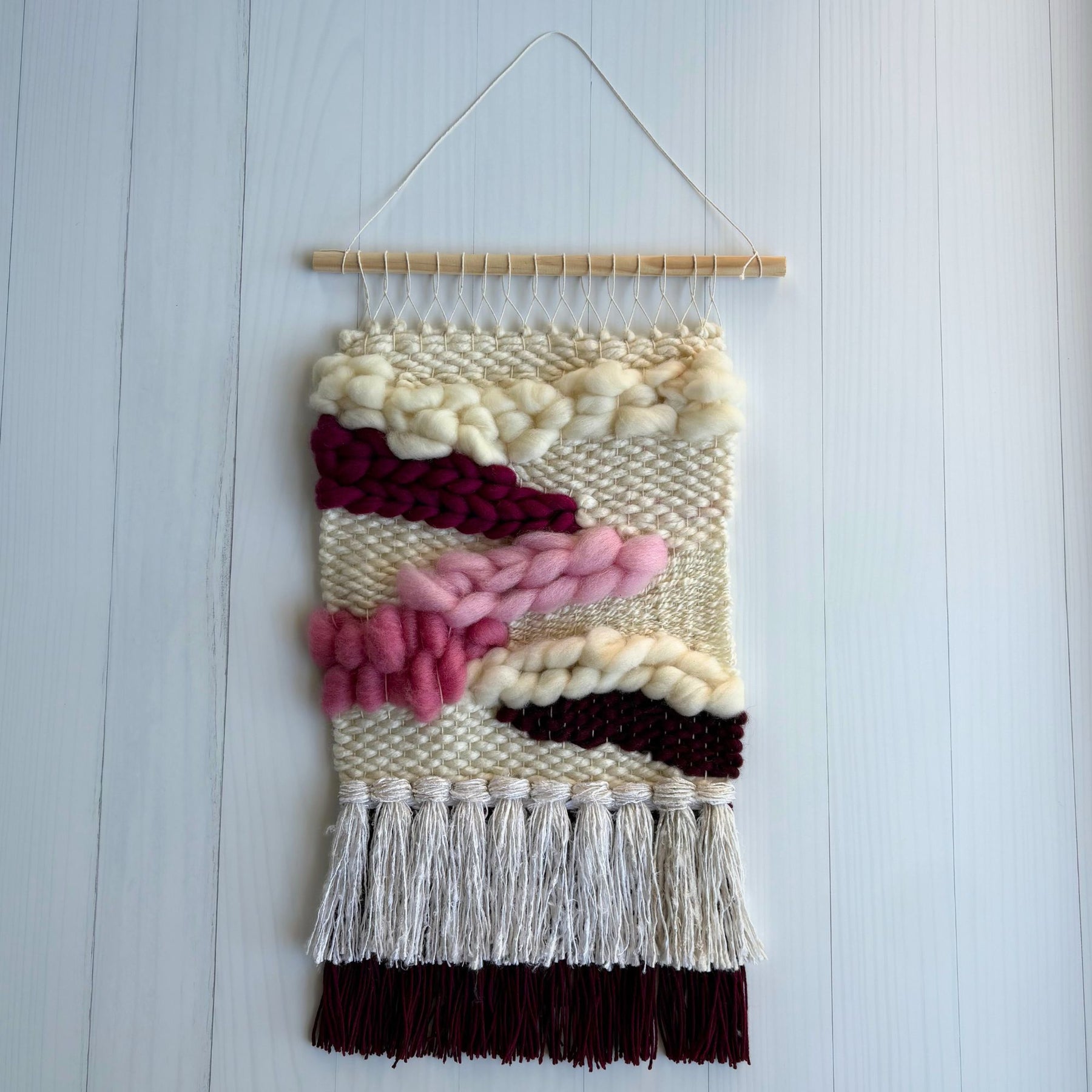 Textured handwoven wall hanging - cream and pinks