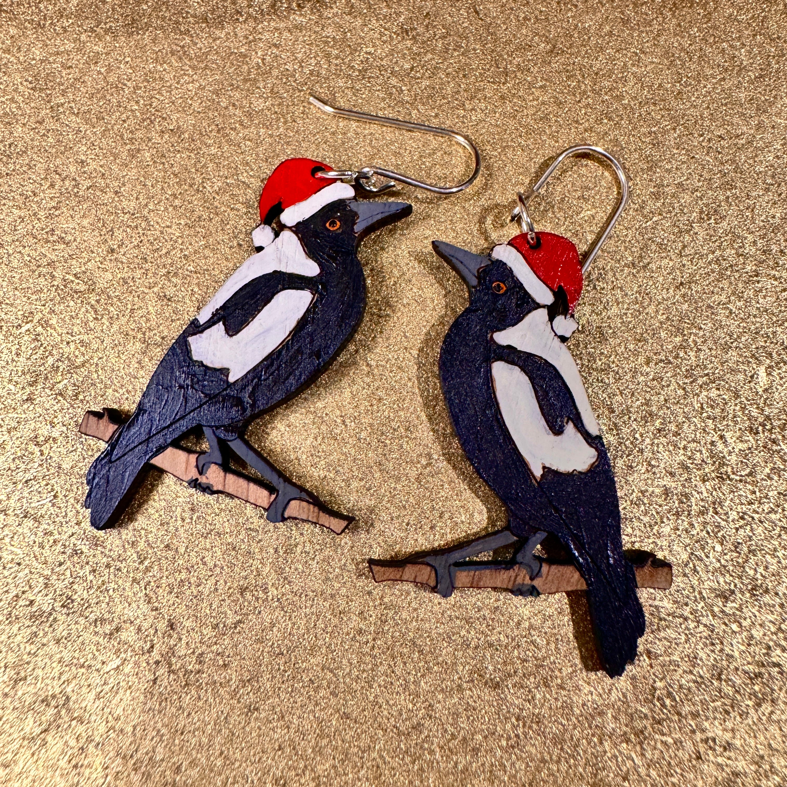 Australian Christmas Magpie Hand Painted Earrings