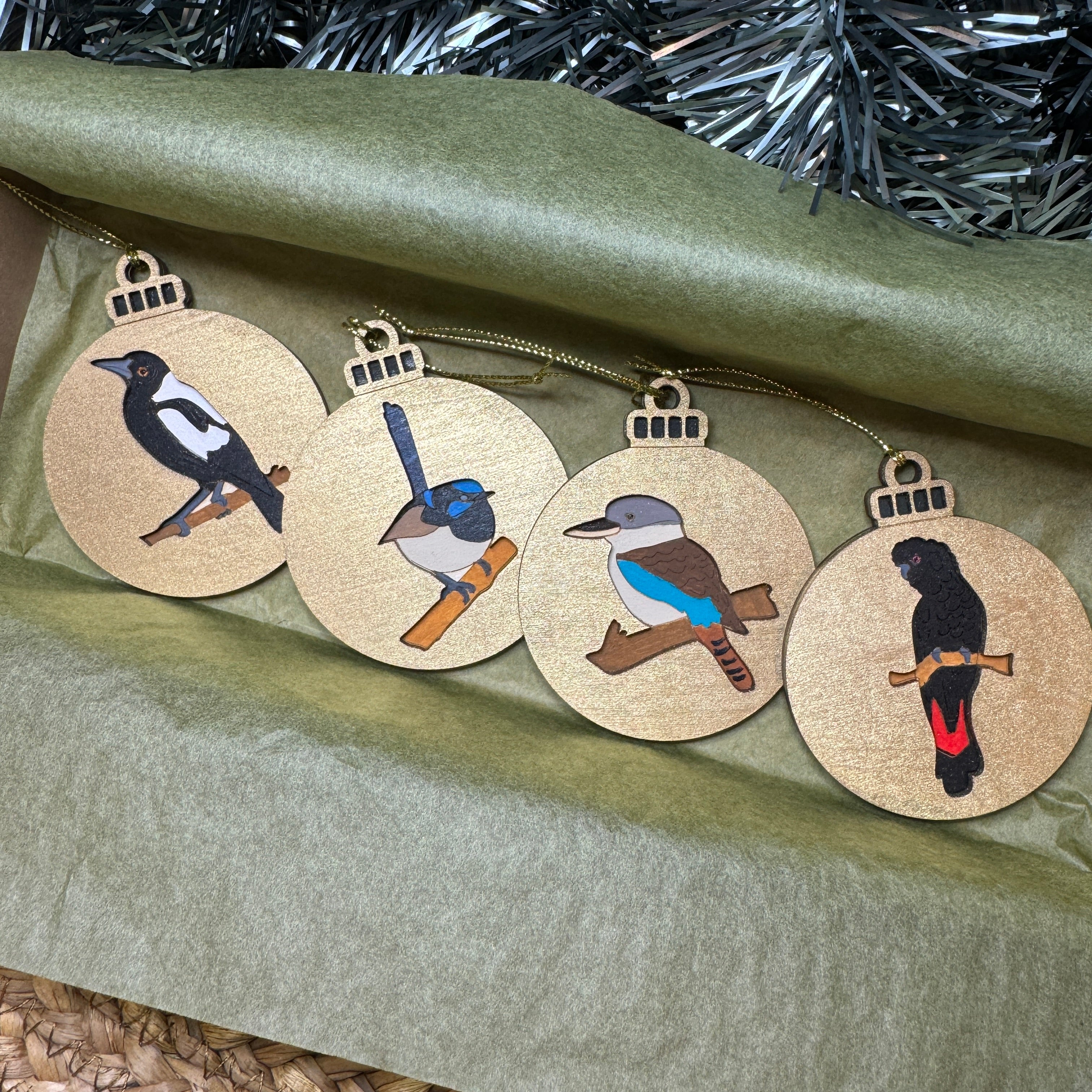4 x Australian Native Bird Hand Painted Christmas Decorations