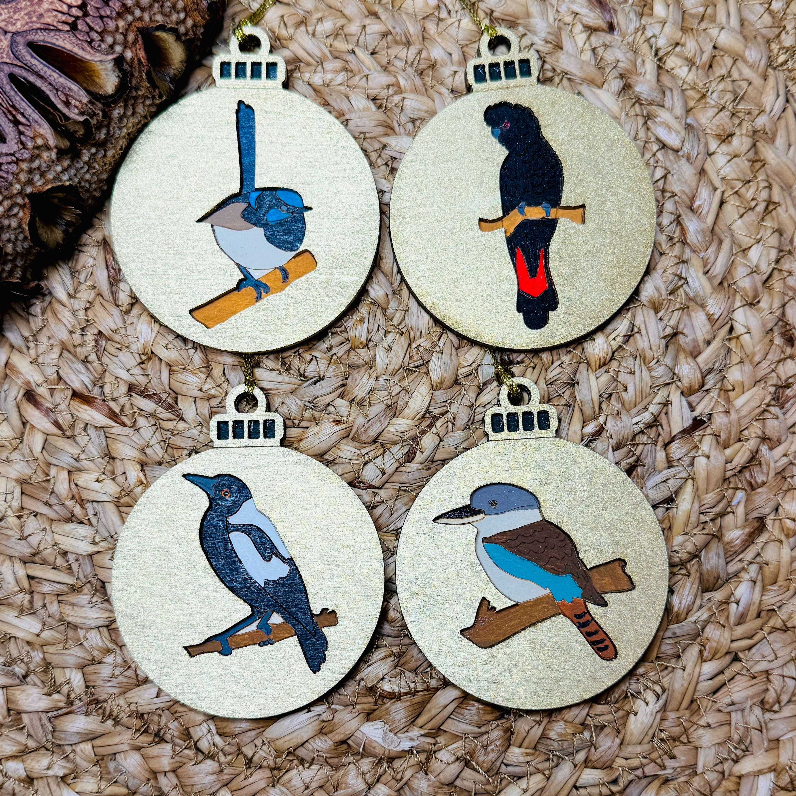 4 x Australian Native Bird Hand Painted Christmas Decorations