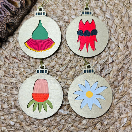 4 x Australian Native Flower Hand Painted Christmas Decorations