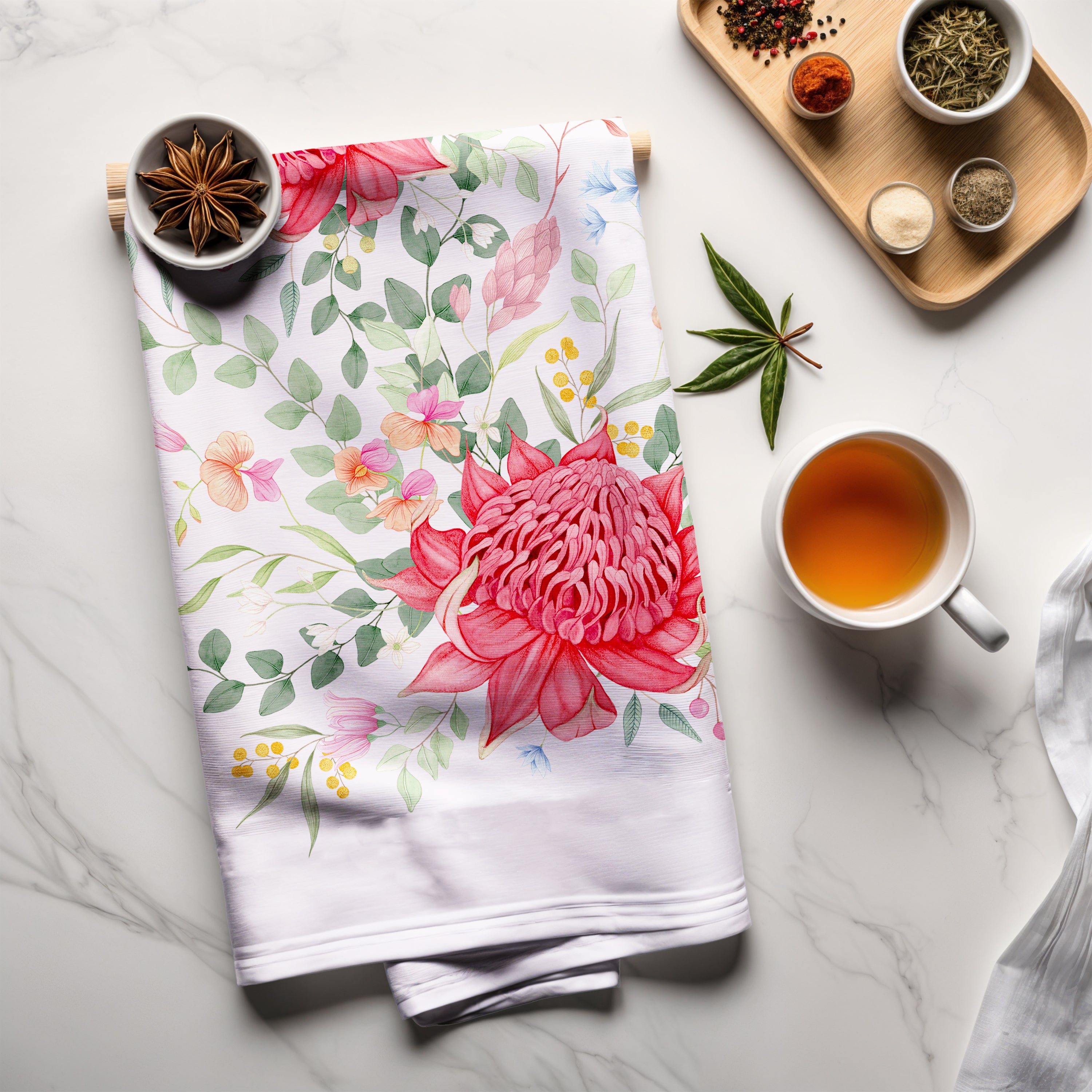 Waratah Floral Organic Cotton Tea Towel