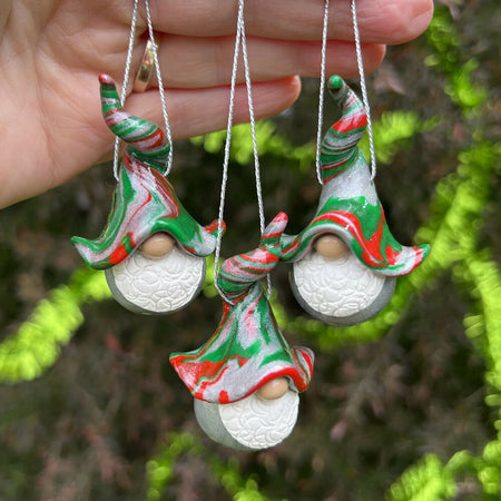 Gnome Christmas baubles trio - red, silver, green (silver bottoms)