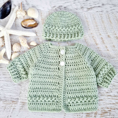 Baby Cardigan | Newborn | Sage Green | Handmade | Crochet | Jacket | Beanie