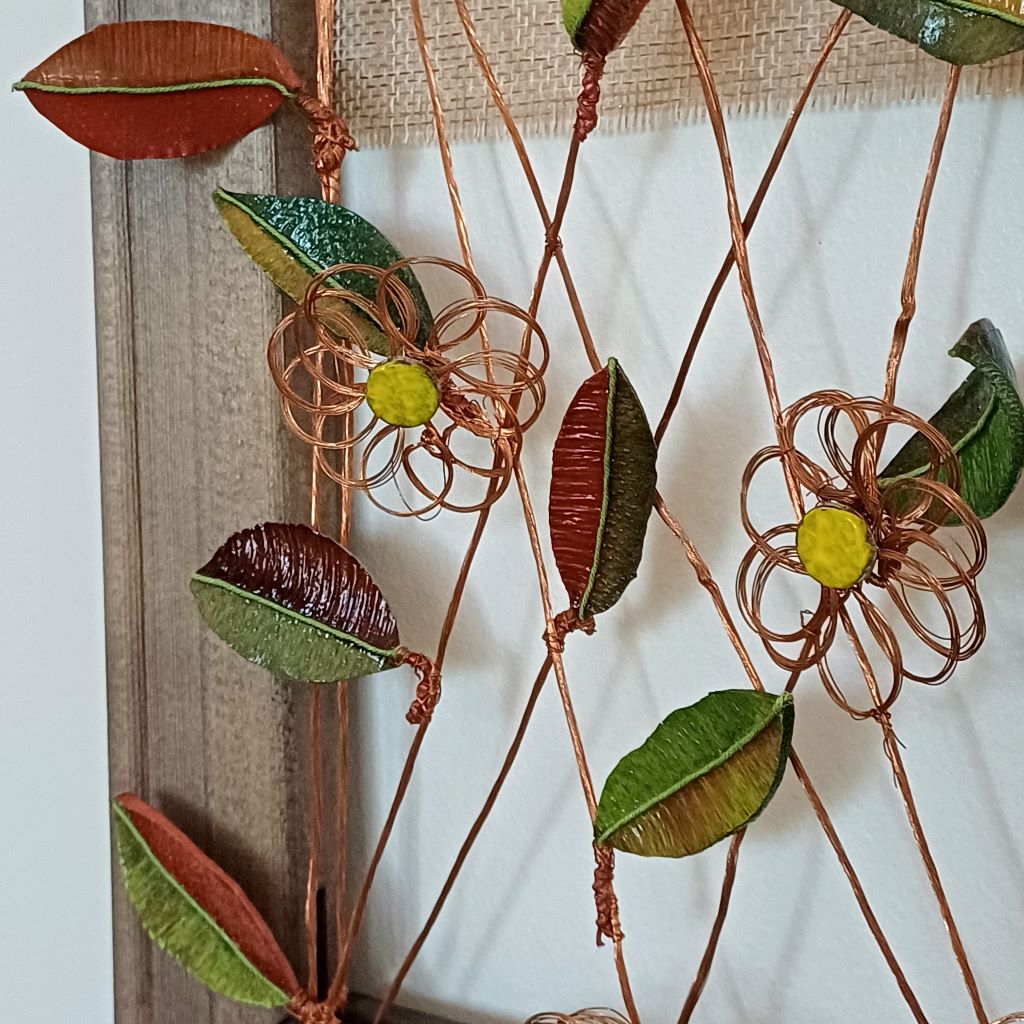 Window and Copper Vine, wooden frame, palm leaf wall art