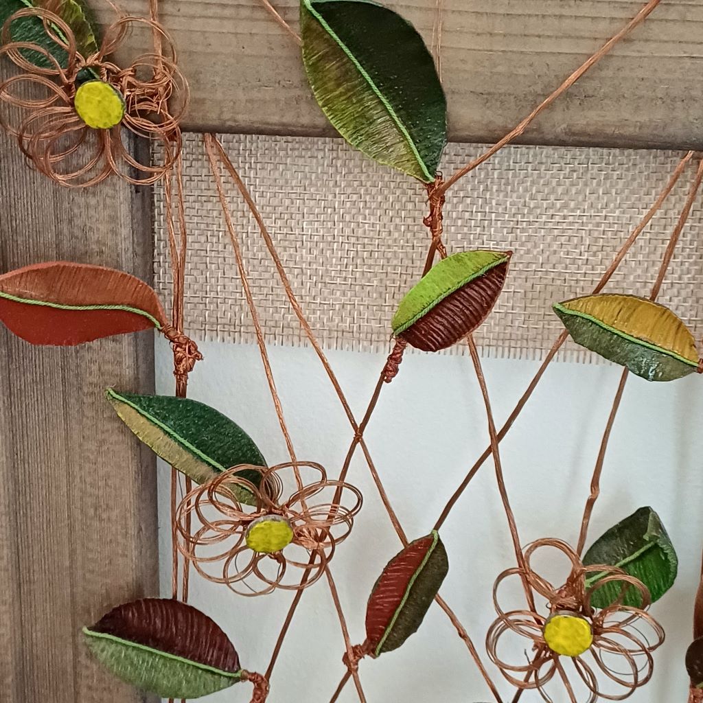 Window and Copper Vine, wooden frame, palm leaf wall art