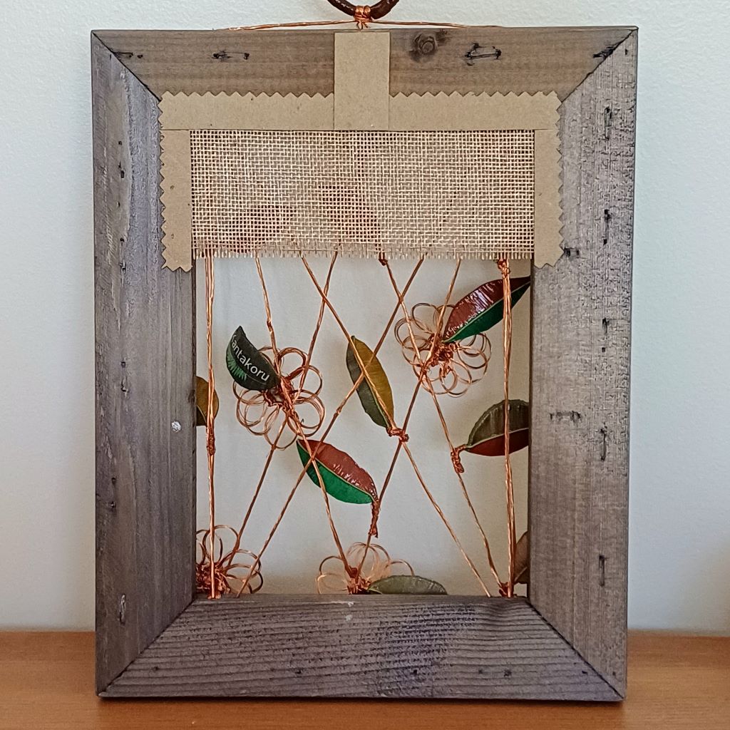 Window and Copper Vine, wooden frame, palm leaf wall art