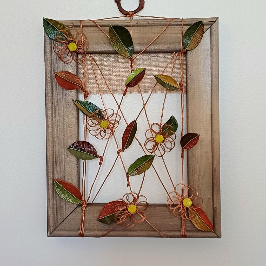 Window and Copper Vine, wooden frame, palm leaf wall art