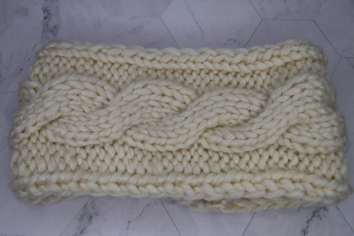 Hand Knitted Wool Mix Headband - Winter White Cable
