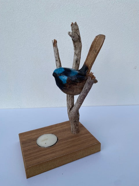 Hand Carved Blue Wren Sculpture with Tea light holder