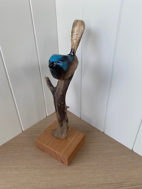 Hand Carved Blue Wren Sculpture