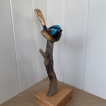 Hand Carved Blue Wren Sculpture