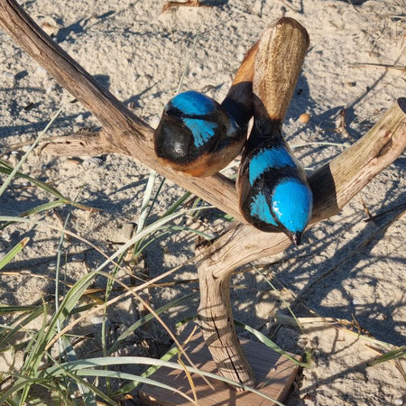 Hand Carved Wooden Blue Wren Pair