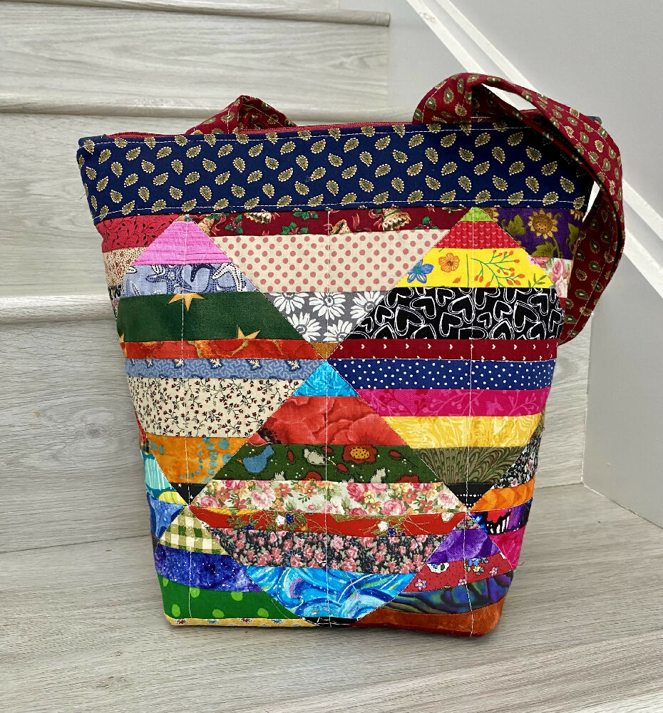 Diamond strip patchwork tote bag
