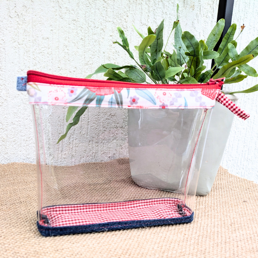 Travel Pouch Clear Organiser Upcycled Denim Red Gingham botanical