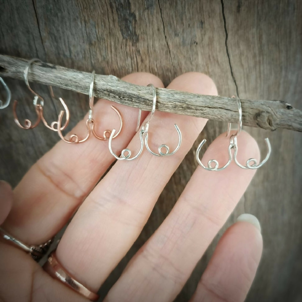 boobies silver and copper handmade artisan earrings with hand.