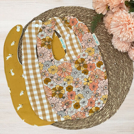 3 Bib Bundle - Retro Floral - Mustard Bunny - Check - Baby Bibs