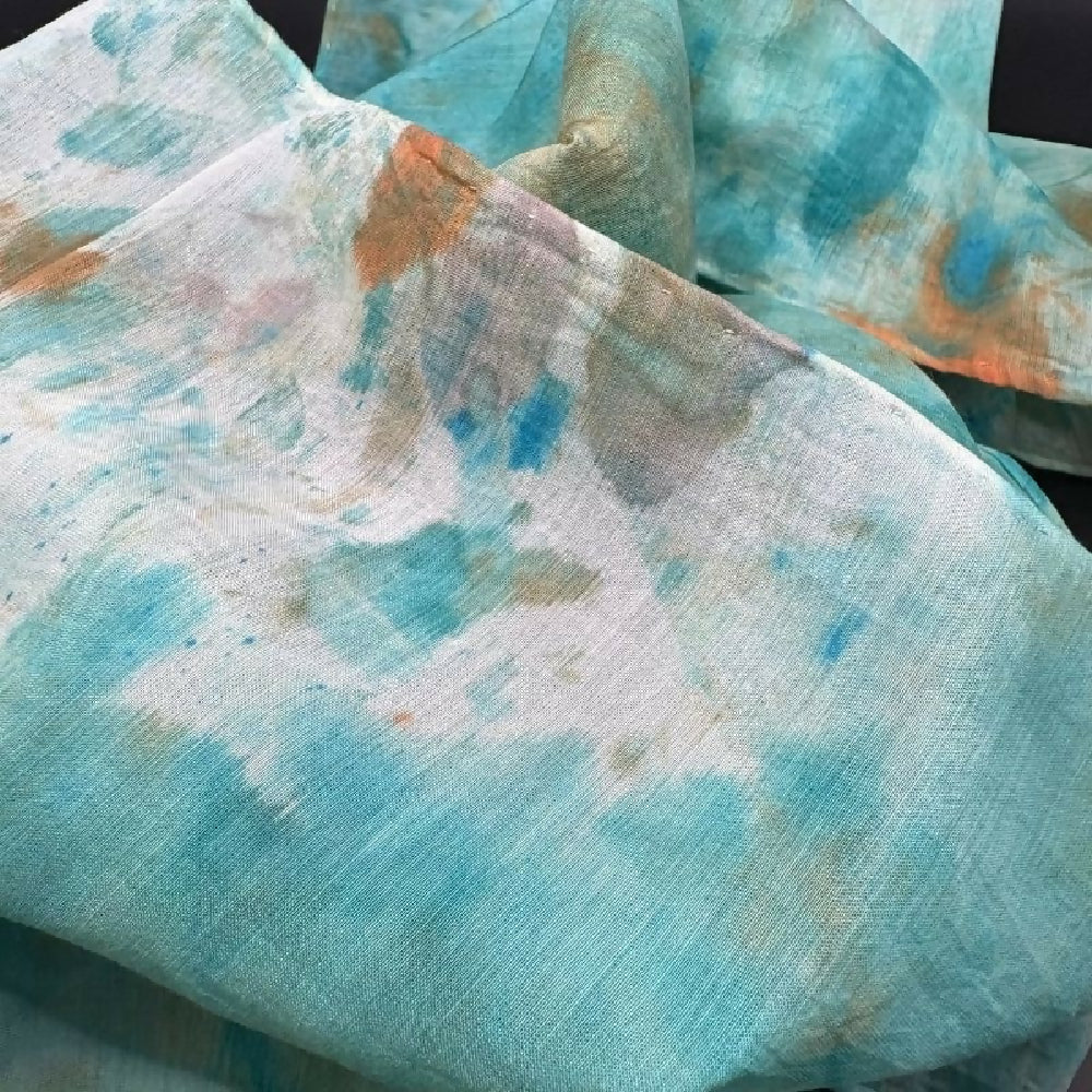 Hand painted silk+cotton scarf - lilly pond blues