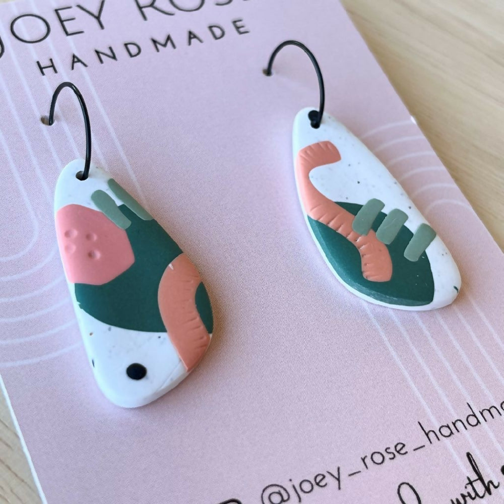 ISABELLE ~ Green & Peach Abstract Print ~ Polymer Clay Earrings