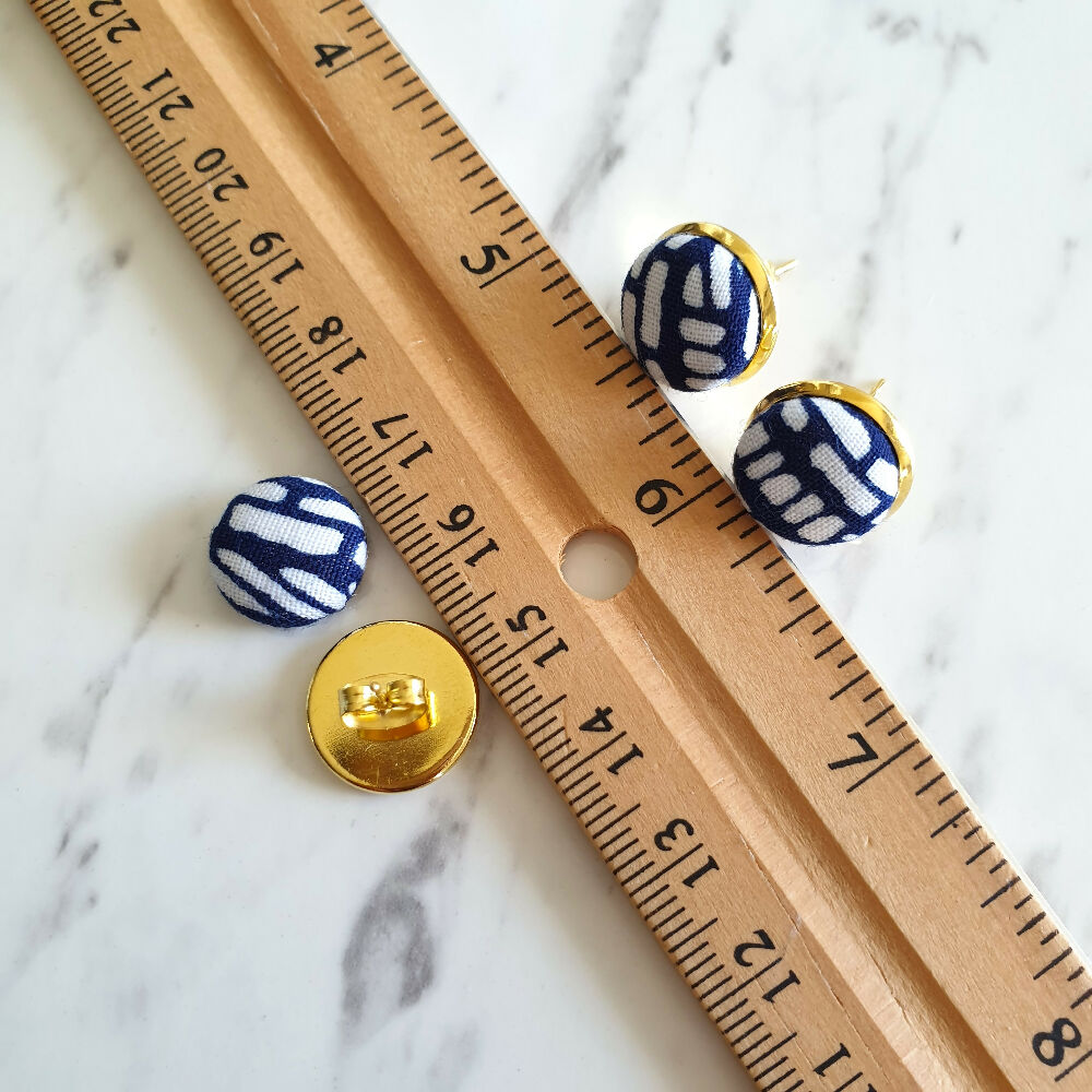 1.4cm Round White dot Deep Blue Japanese Yukata Fabric Gold colour Cabochon stud earrings