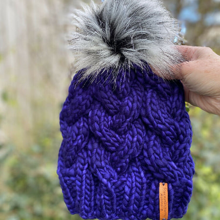 Purple Beanie, Knitted purple cable PomPom beanie