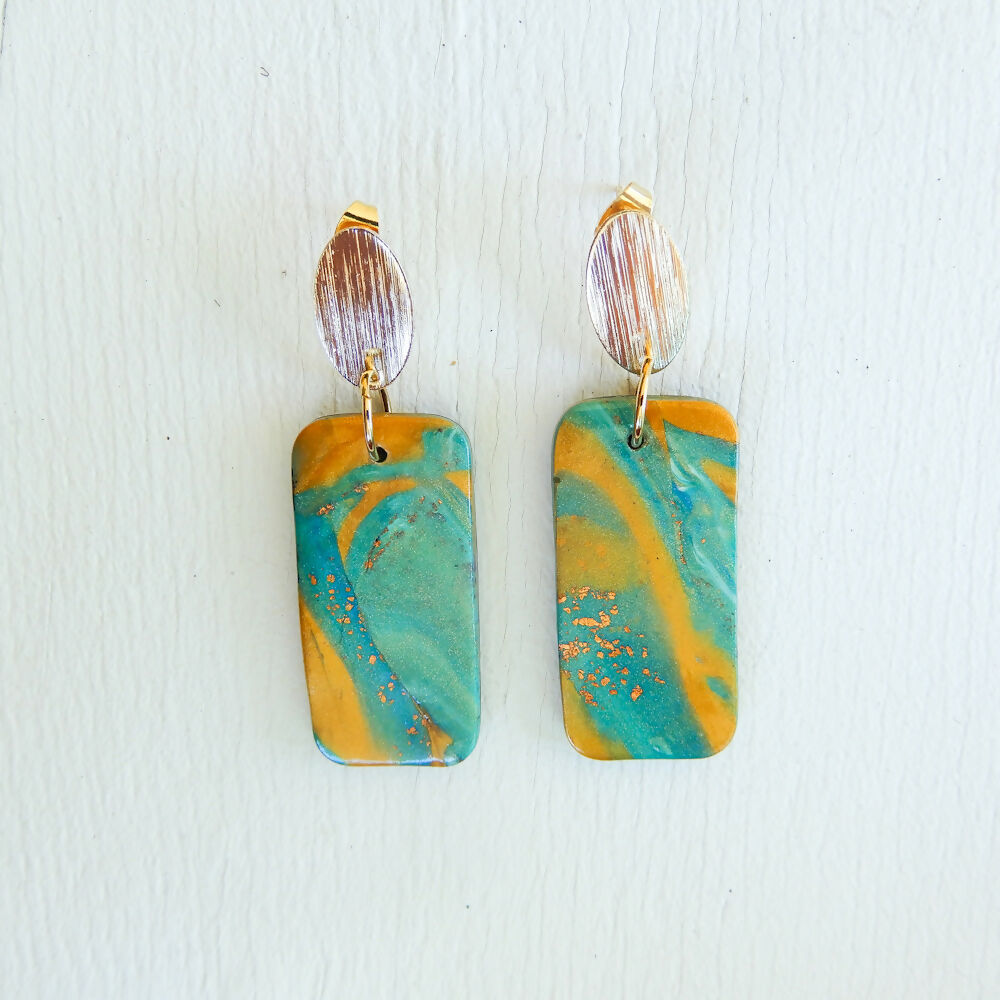 Gold and Teal Polymer Clay Earrings "Delta"