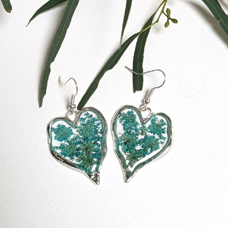 Silver heart earrings, teal Queen Anne's Lace