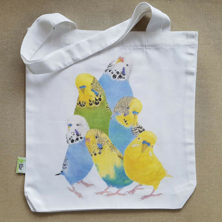 Organic cotton tote bag with six colourful budgies.