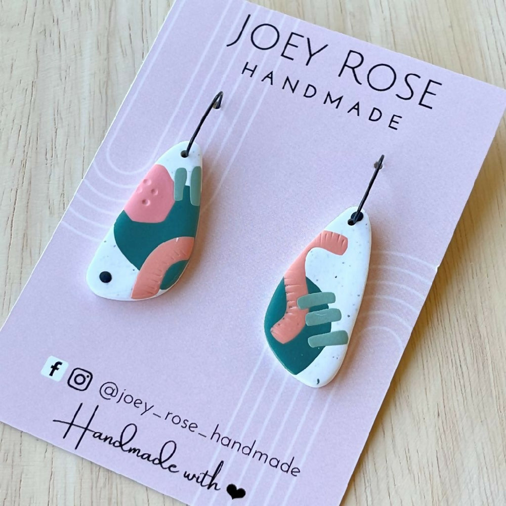 ISABELLE ~ Green & Peach Abstract Print ~ Polymer Clay Earrings