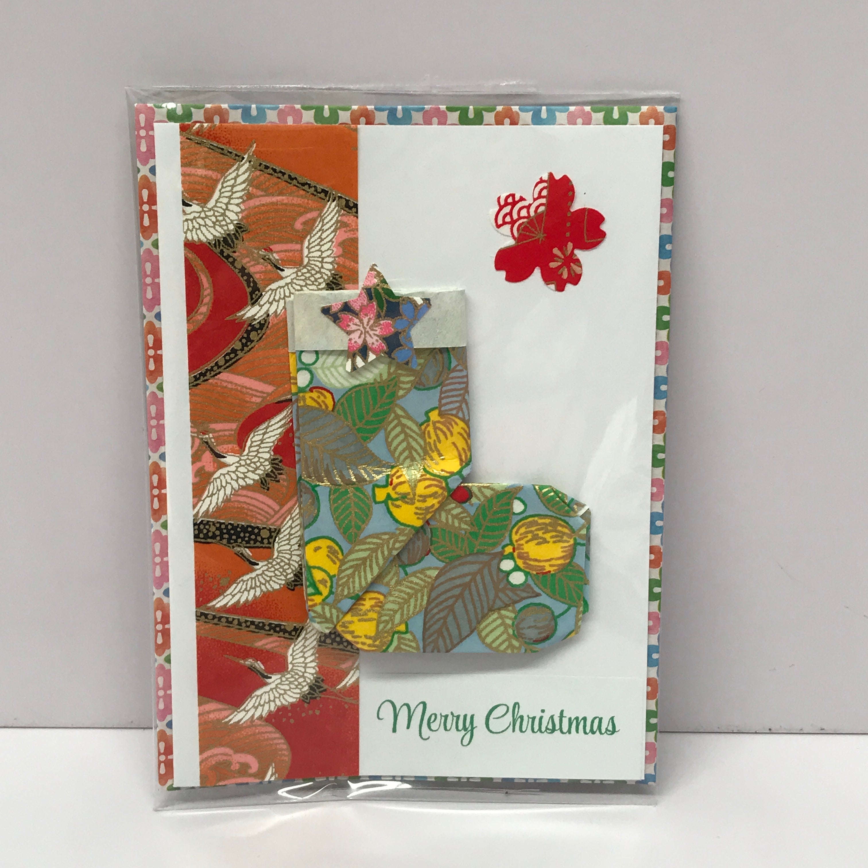 Handmade Origami Christmas Stocking Card with Hand-Folded Paper Envelope