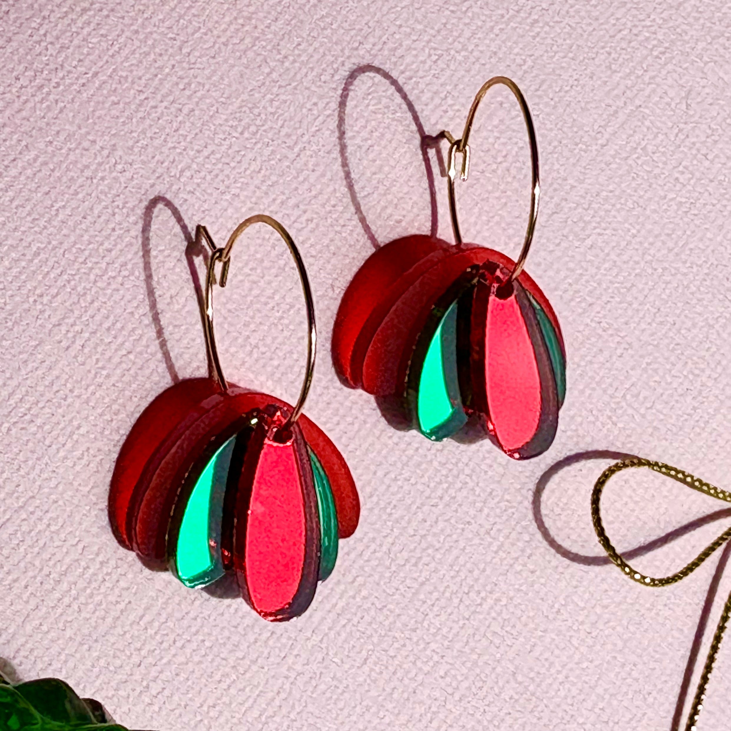 Christmas Earrings Fids Flower Frost Red Green Red