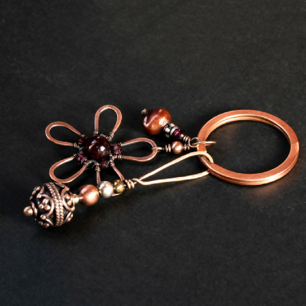 GARNET AND PEARL GEMSTONE KEYRING KEYCHAIN